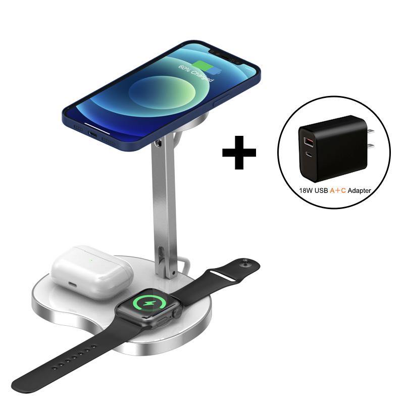 MagFit MagSafe Wireless Charging Stand 15W Foldable Aluminum 3 in 1 Magnetic Charger with 18W USB-A+C Adapter