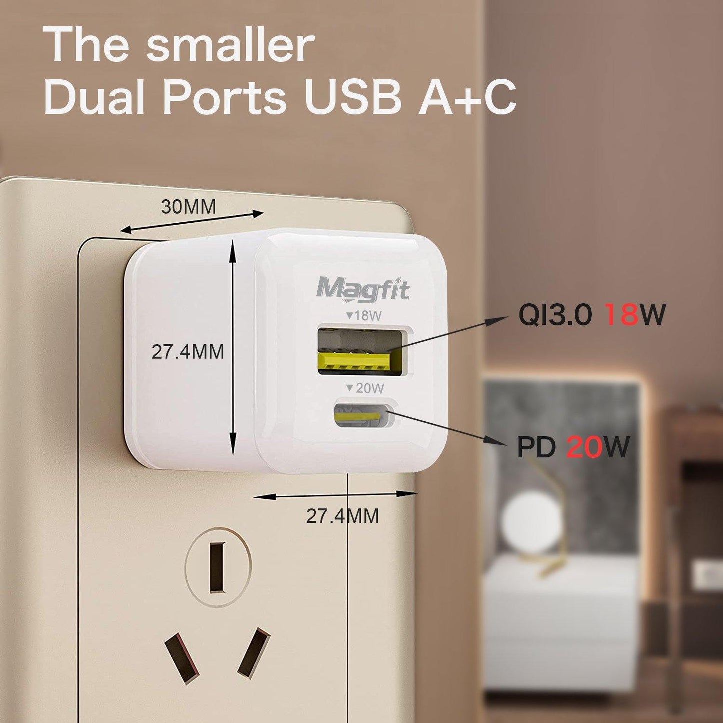 MAGFIT Mini 20W Charger USB A+C Fast 2 Ports Adapter with 3.9 FT 5A USB Cable