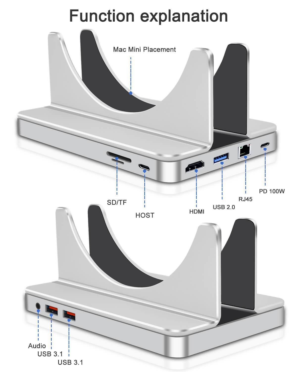 MAGFIT USB C Hub 10 in 1 Docking Station Magnetic Vertical Stand For Mac Mini